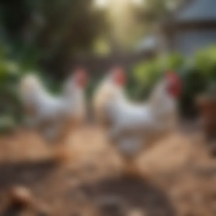 A serene backyard setting with Brahma chickens roaming freely.