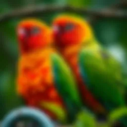 Brightly colored conure pair perched together