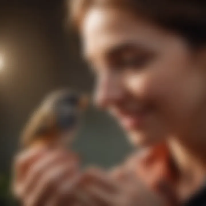 A person interacting joyfully with a small bird on their finger, highlighting the bond between pet and owner.