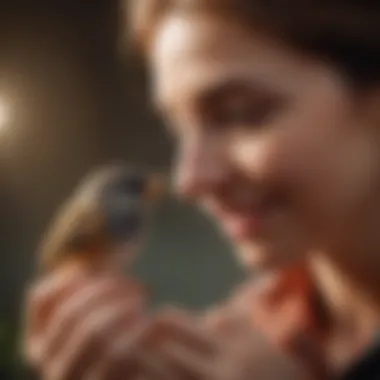 Joyful Interaction Between Bird and Owner A person interacting joyfully with a small bird on their finger, highlighting the bond between pet and owner.