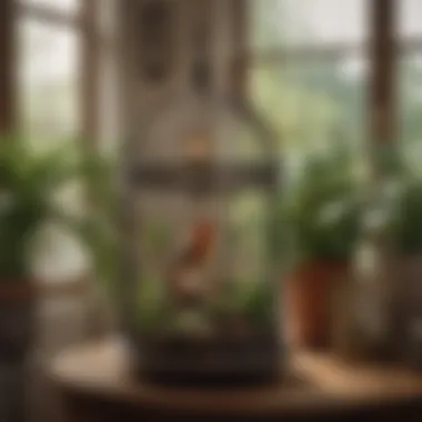 Stylish Birdcage in a Cozy Living Area A serene living space with a well-designed birdcage, surrounded by plants and natural light.