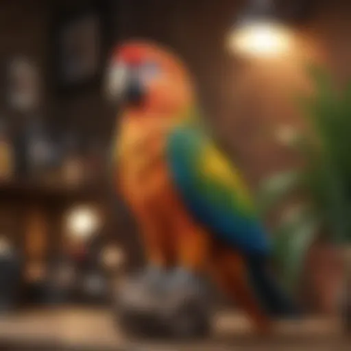 A vibrant parrot perched on a colorful perch, showcasing its lively feathers and personality.