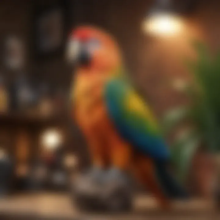 A vibrant parrot perched on a colorful perch, showcasing its lively feathers and personality.