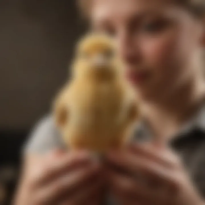 A buff laced Polish chick being held gently by an enthusiast.