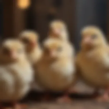 A group of buff laced Polish chicks in a cozy brooder environment.