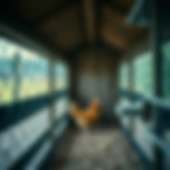 Interior view of a chain link fence chicken coop, illustrating comfortable nesting areas for chickens.