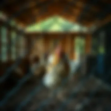 An overview of a chicken coop built with chain link fencing, highlighting the spaciousness and safety.