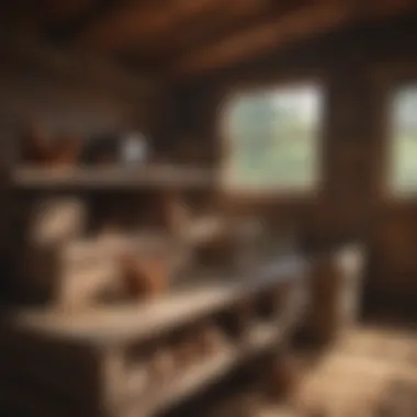 Interior view of a chicken coop showcasing nesting boxes