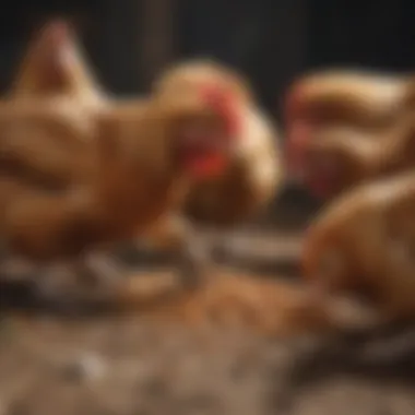 A flock of chickens happily feeding on mealworms