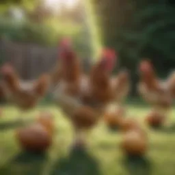 Diverse breeds of hens in a sunny backyard