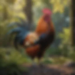 A majestic rooster showcasing its vibrant plumage in a natural setting.