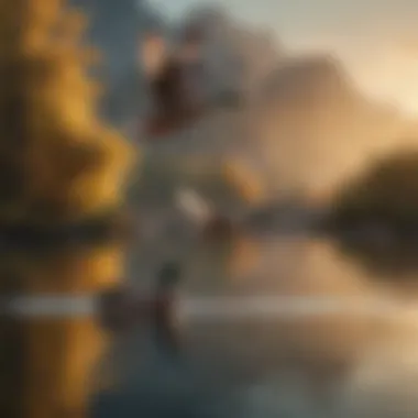 A serene landscape with ducks flying over a lake