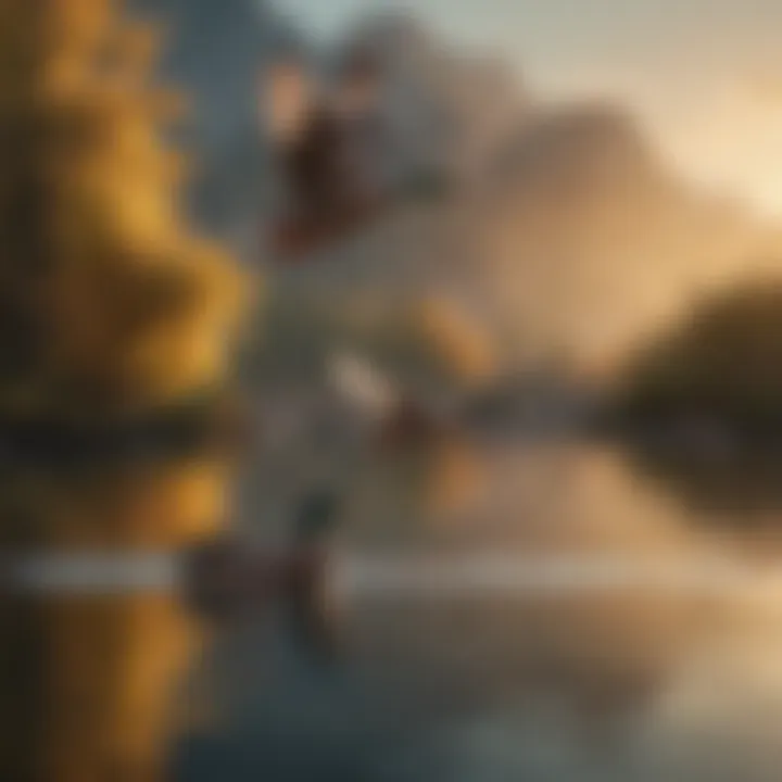 A serene landscape with ducks flying over a lake