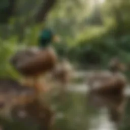 Ducks foraging in a lush green environment