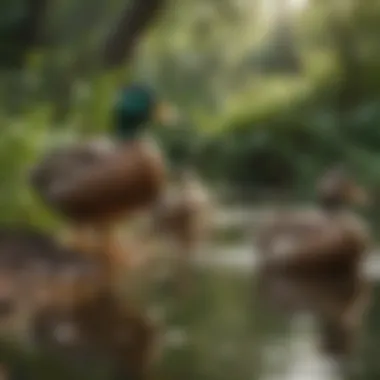 Ducks foraging in a lush green environment