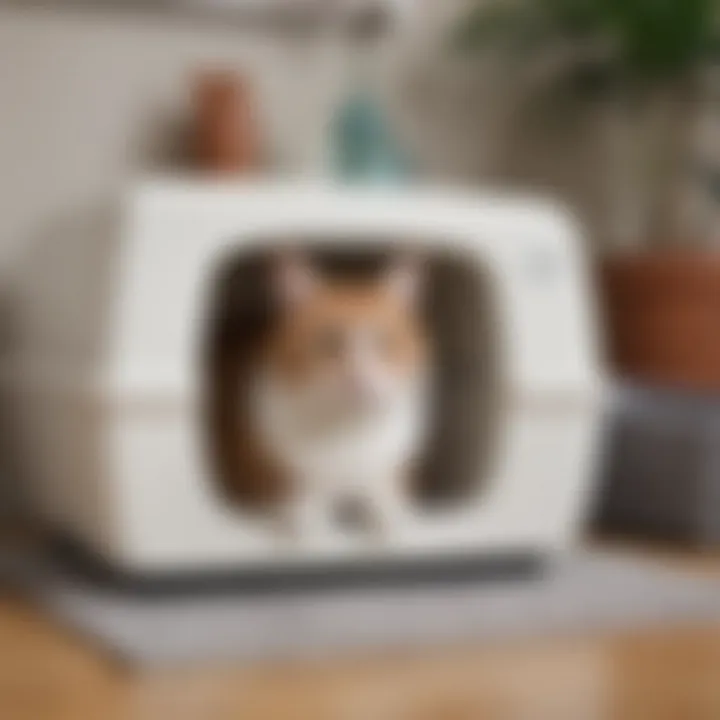 Happy cat using a Cathey litter box enclosure, demonstrating comfort and ease.