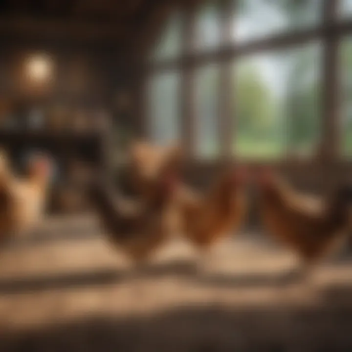 Chickens comfortably roaming in a spacious hutch