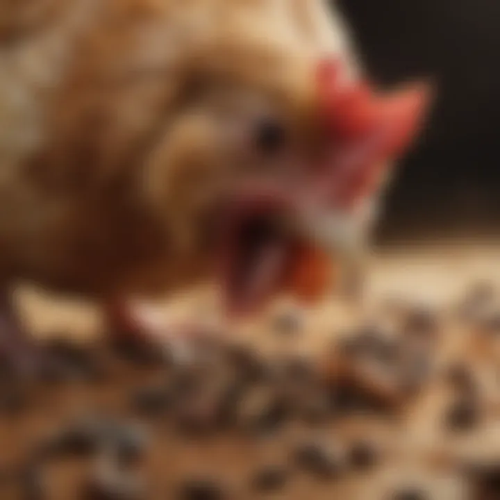 A close-up view of a chicken enjoying dried crickets as part of its diet.