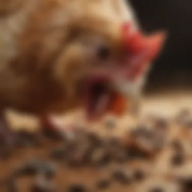 Chicken Eating Dried Crickets A close-up view of a chicken enjoying dried crickets as part of its diet.