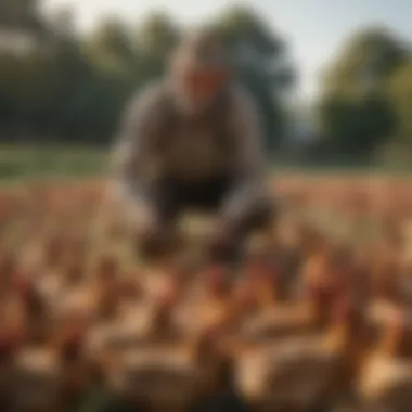 A farmer tending to chickens in an open field