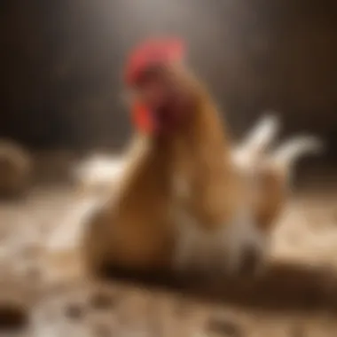 Close-up of a chicken in a dust bath with feathers ruffled