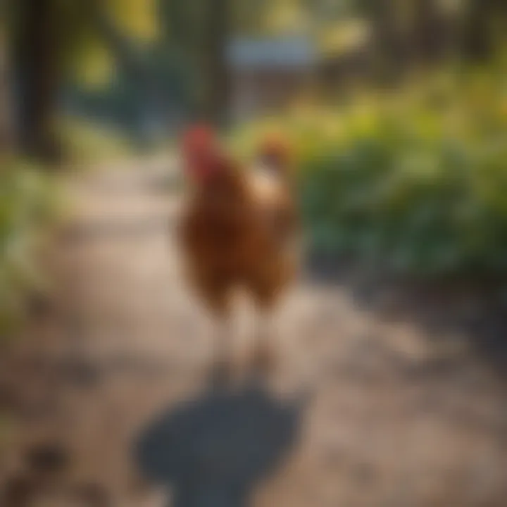 A happy chicken enjoying a stroll on a leash