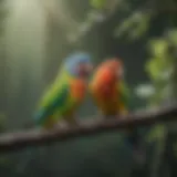 Colorful parakeets perched on a branch, showcasing their vibrant plumage.