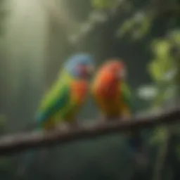 Colorful parakeets perched on a branch, showcasing their vibrant plumage.