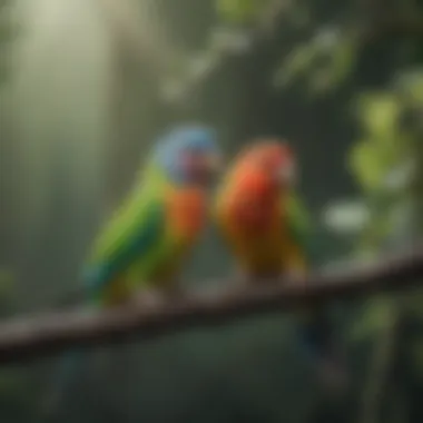 Vibrant Parakeet Companions Colorful parakeets perched on a branch, showcasing their vibrant plumage.