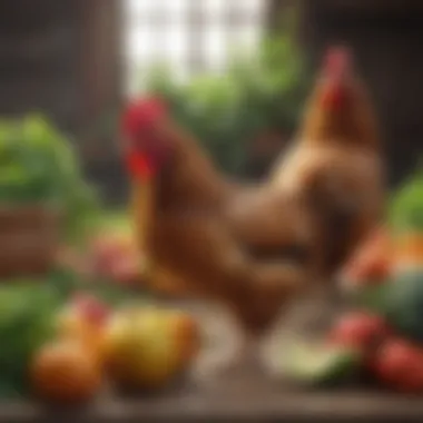 Chickens enjoying a variety of fruits and vegetables