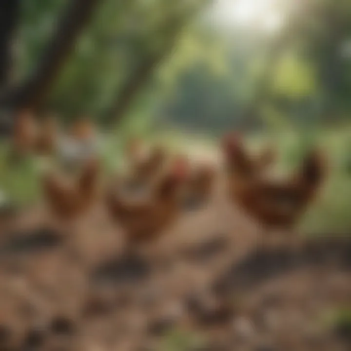 Chickens foraging in a lush environment, demonstrating natural feeding behavior.