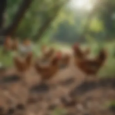 Chickens Foraging in Nature Chickens foraging in a lush environment, demonstrating natural feeding behavior.