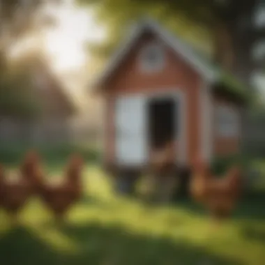 Chickens enjoying freedom and fresh grass around a movable hen house.
