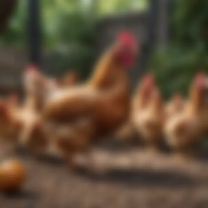 A variety of colorful chicken breeds in a backyard coop.