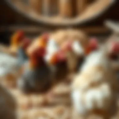 Healthy chickens interacting on pine shavings