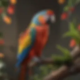 A vibrant parrot perched on a branch, showcasing its colorful feathers.