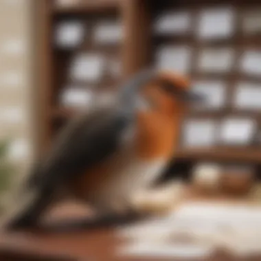 The Art of Naming A thoughtful individual contemplating bird name options, surrounded by notes.
