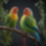 Colorful parakeets perched on a branch, showcasing their vibrant feathers