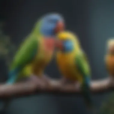 Vibrant Personalities of Pet Birds Colorful parakeets perched on a branch, showcasing their vibrant personalities.