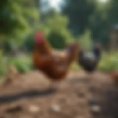 Chickens exploring a garden