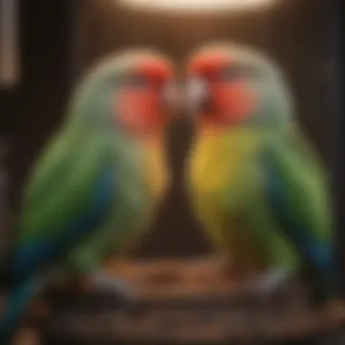 Lovebirds interacting joyfully within their well-designed cage