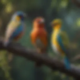 Colorful birds perched on a branch, showcasing various species.