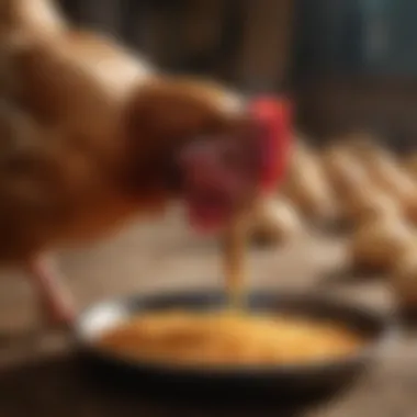 Healthy Feeding Practices for Enhanced Chicken Well-being Healthy chickens feeding from an efficient feeder, demonstrating balanced diet