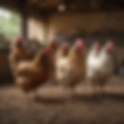 Diverse breeds of chickens in a serene farm setting