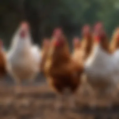 A group of Leghorn chickens in a free-range environment