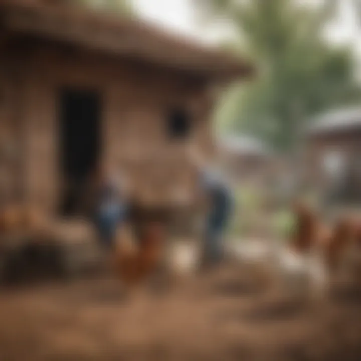 A vibrant community gathering around a co-op chicken coop, symbolizing the communal aspect of poultry raising.