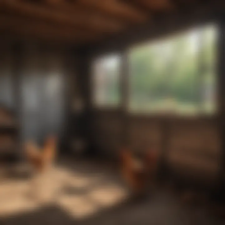 Interior view of a chicken coop with proper ventilation and nesting areas.