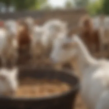 A goat enthusiast interacting with goats in a well-managed feeding area.