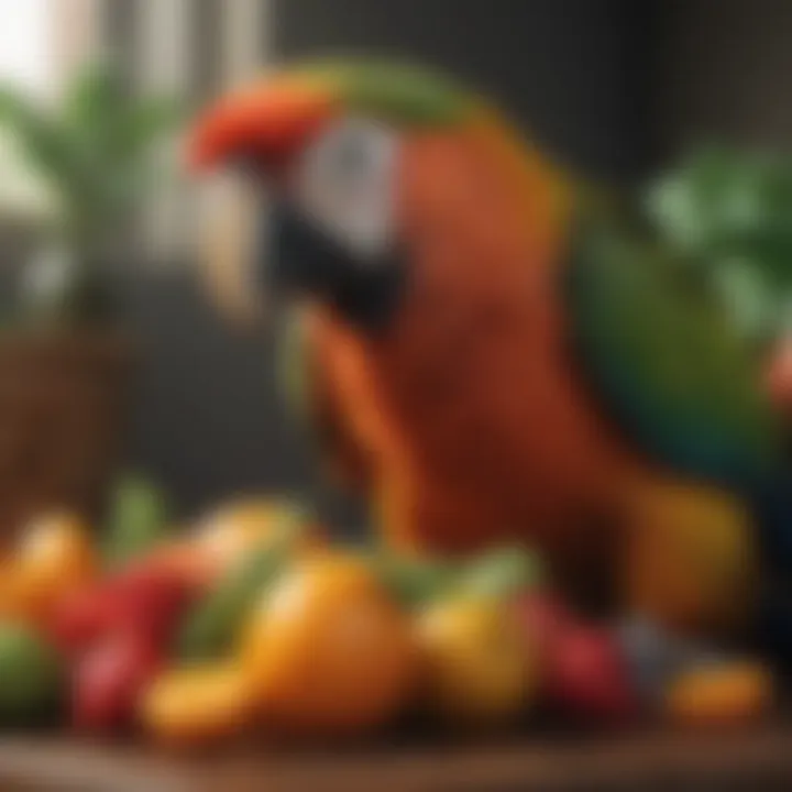 Close-up of a parrot enjoying fresh fruits and vegetables