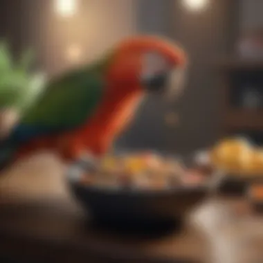 Parrot Enjoying a Balanced Meal Happy parrot perched next to its food bowl